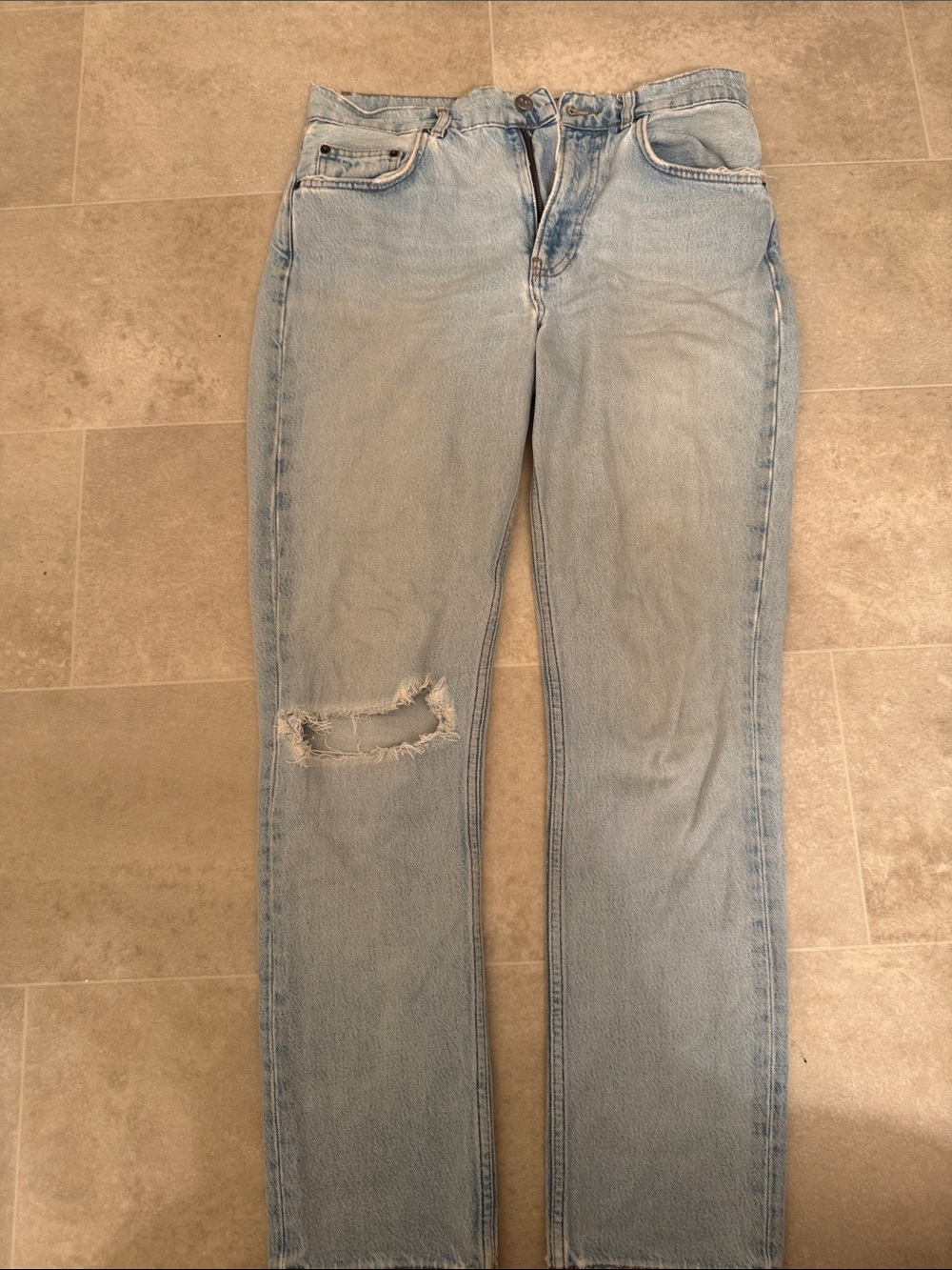 Reformation Tahoe Destroyed Straight-Leg Jeans with Knee Distress